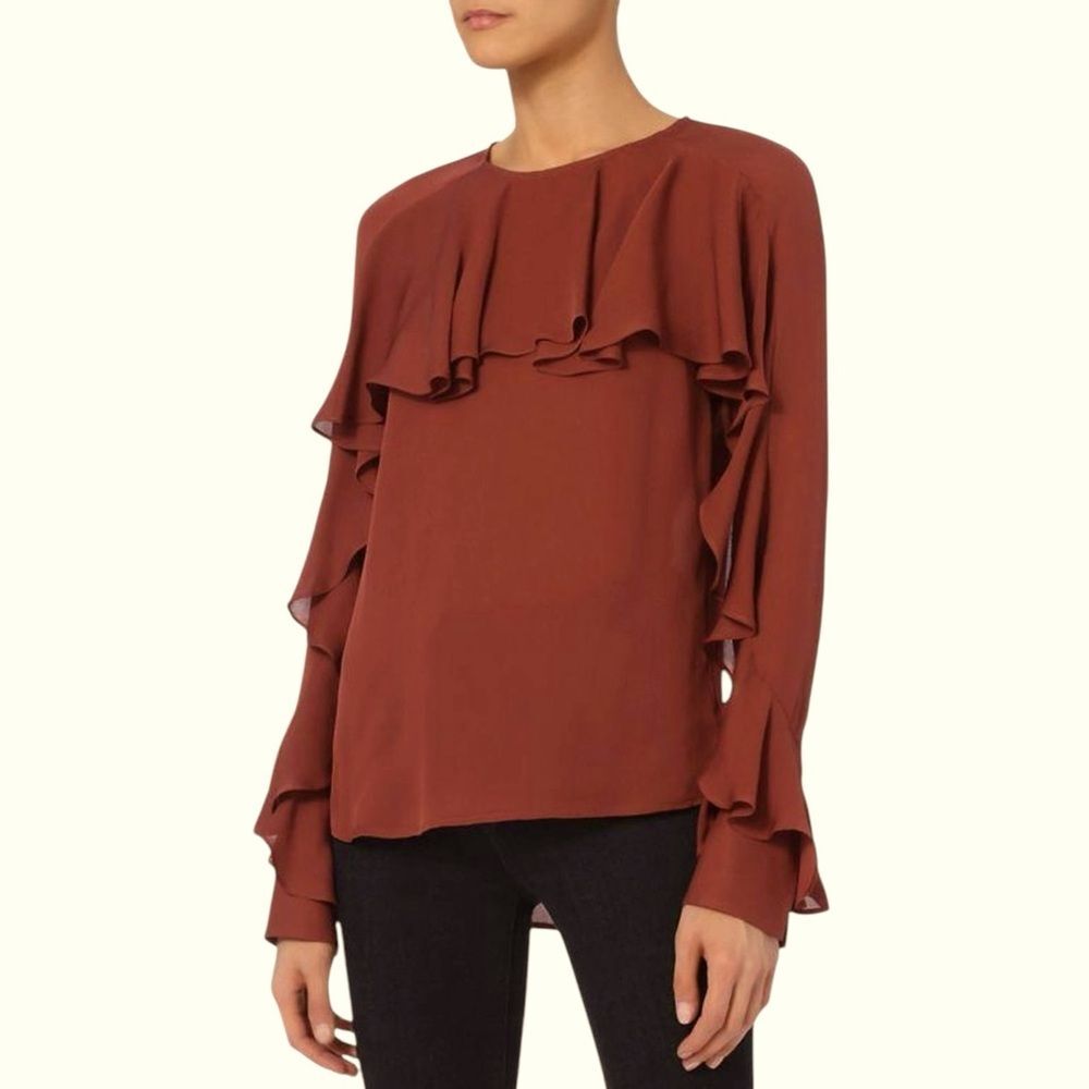 Veronica Beard Mia Silk Ruffle Blouse Burt Orange Brown Semi Sheer Luxury